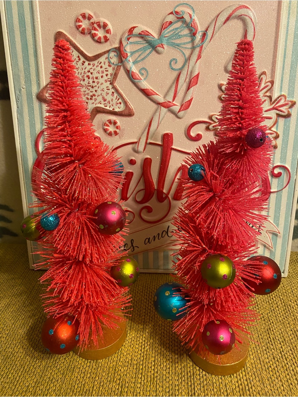 Festive Pink Bottle Brush Tree Pair with Multicolor Ornaments - Home Accents